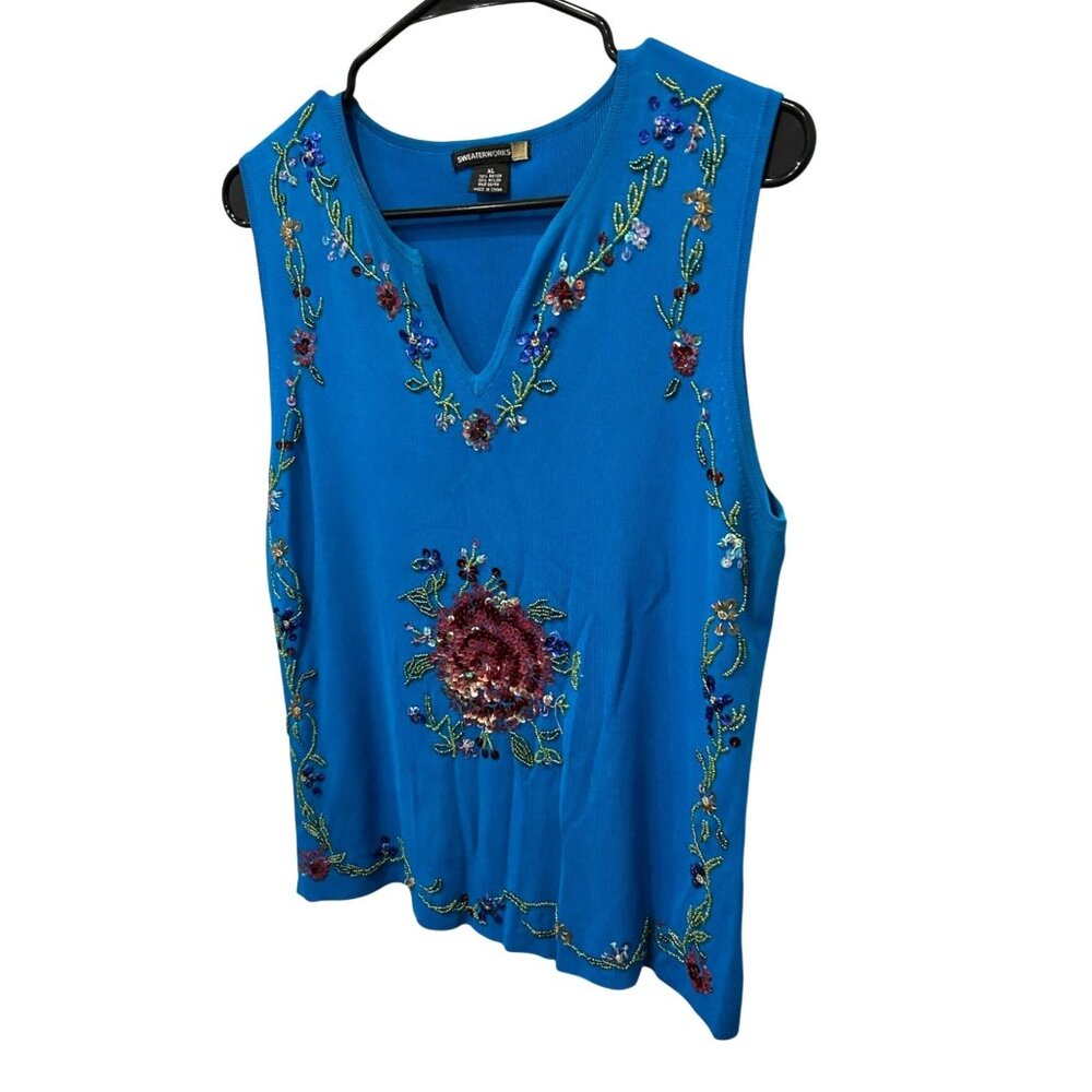Sweaterworks Embellished Blue Sleeveless Top Floral Sequin Design Sz XL - Picture 3 of 9